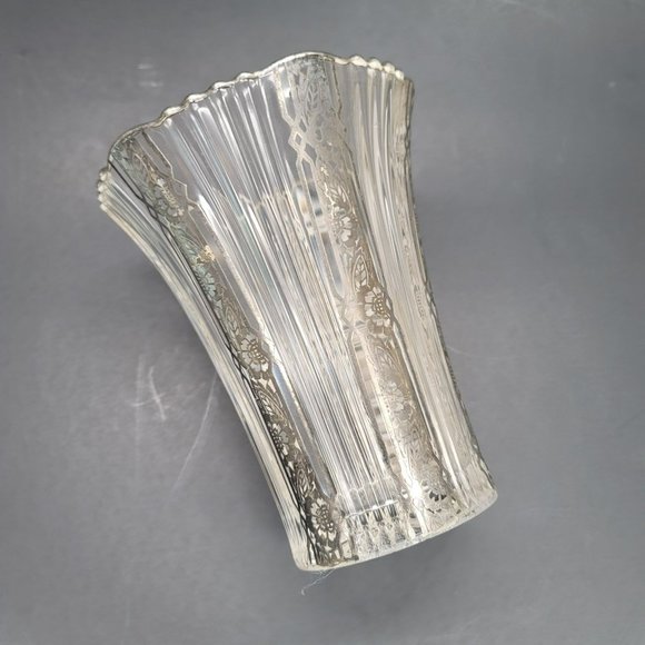Silver Accented Fluted Glass Vase Vintage Hollywood Deco Style PR311 - Picture 6 of 13